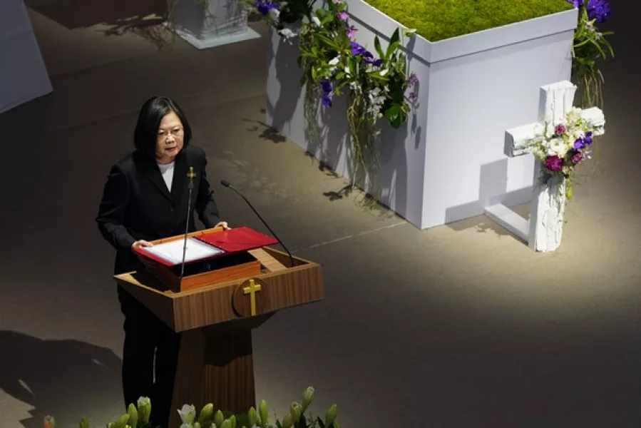 Taiwan’s president Tsai Ing-wen attends a memorial service for the late former president Lee Teng-hui in Taipei (AP)