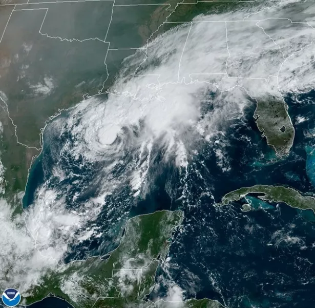 A satellite image shows Tropical Storm Beta in the Gulf of Mexico (NOAA via AP)