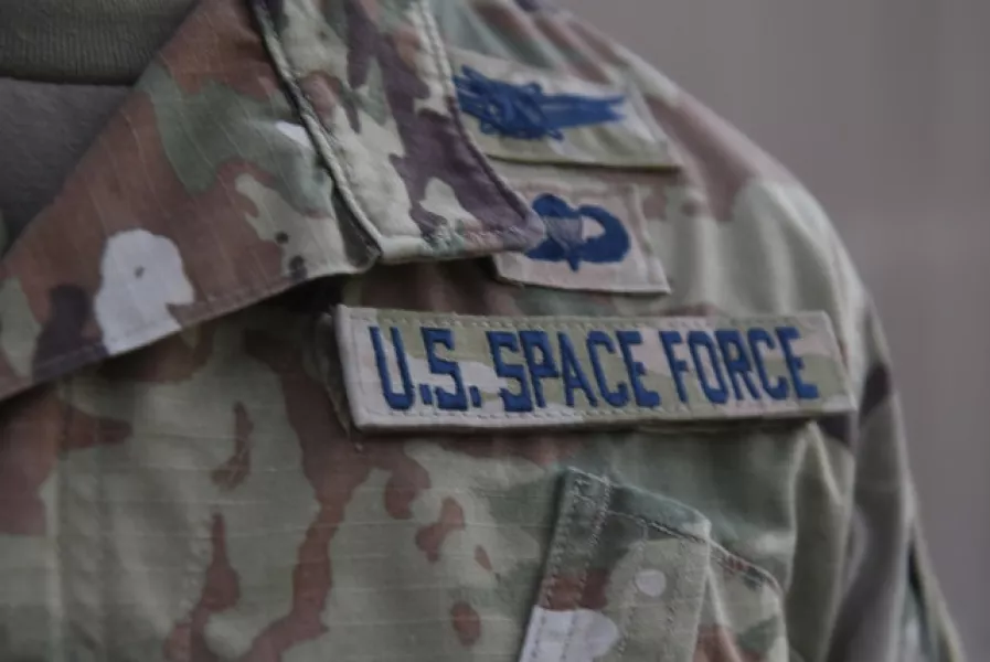 Captain Ryan Vickers displays his new service tapes after transferring from the US Air Force to the US Space Force (Staff Sgt Kayla White/US Air Force via AP)