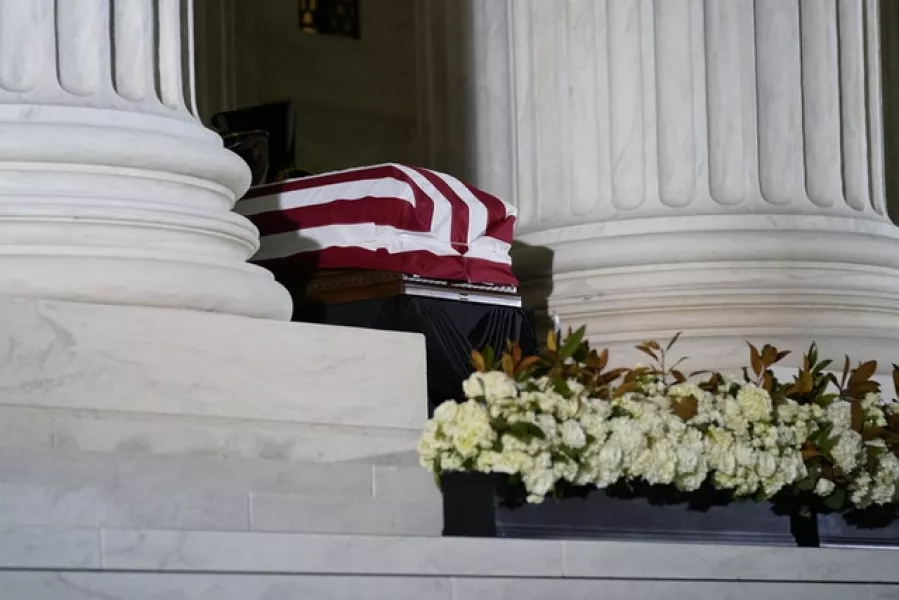 Ms Ginsburg’s casket at the top of the front steps of the US Supreme Court (Andrew Harnik/Pool/AP)