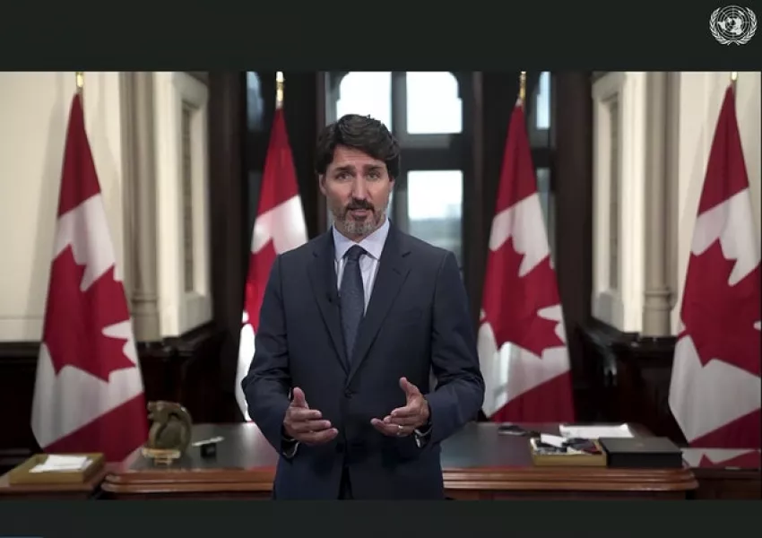 Justin Trudeau, prime minister of Canada, speaks in a pre-recorded message (UNTV/AP )