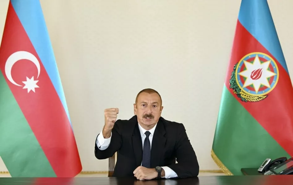 Azerbaijani president Ilham Aliyev addresses the nation (Azerbaijani Presidential Press Office via AP)