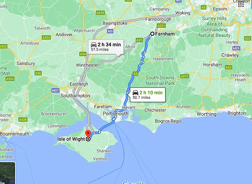 Screengrab of the 100-mile round trip key worker Martin Baker was forced to take for a coronavirus test on the Isle of Wight (Google Maps/PA)