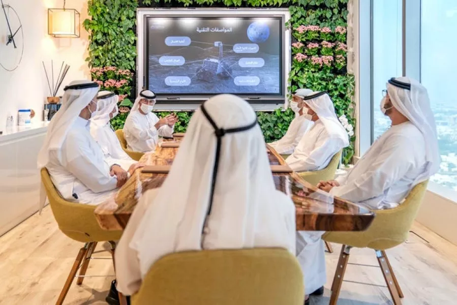 Emirati officials brief Sheikh Mohammed bin Rashid Al Maktoum (Sheikh Mohammed bin Rashid Al Maktoum/Twitter/AP)