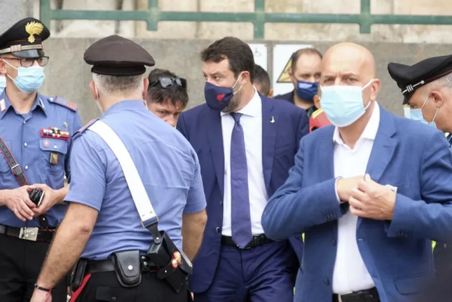 Matteo Salvini leaves after a hearing in court in the Sicilian city of Catania, southern Italy (Mauro Scrobogna/LaPresse via AP)