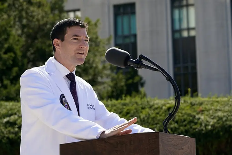 Donald Trump’s doctor, Sean Conley, briefs reporters at Walter Reed National Military Medical Centre in Bethesda, Maryland (Susan Walsh/AP)