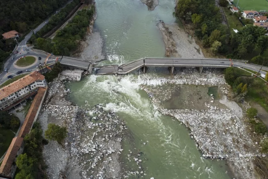 A partially collapsed bridge over the Sesia river in Romagnano Sesia, northern Italy (Nicolo’ Campo/LaPresse/AP)