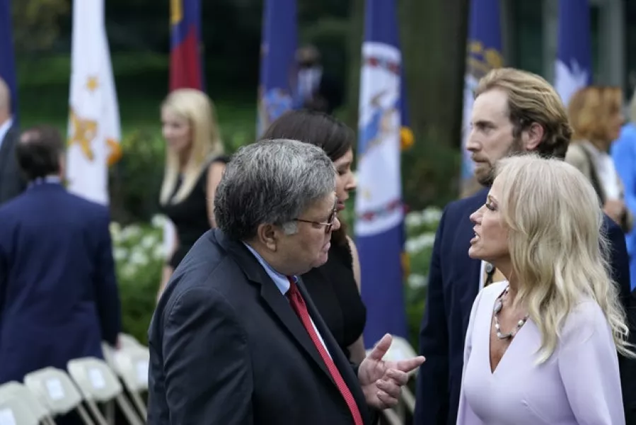 Attorney General William Barr speaks with Kellyanne Conway after President Donald Trump announced Judge Amy Coney Barrett as his nominee to the Supreme Court (Alex Brandon/AP)