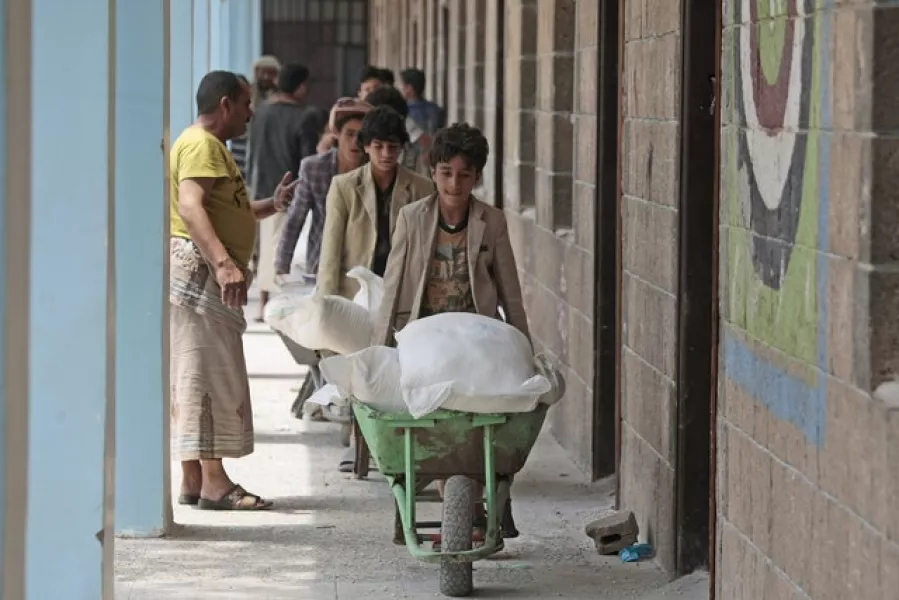 Food supplies arrive at a school in Sanaa, Yemen (Hani Mohammed/AP)