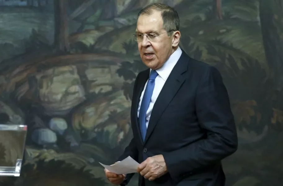 Russian Foreign Minister Sergey Lavrov makes a statement after he leads talks of Armenia and Azerbaijan foreign ministers in Moscow (Russian Foreign Ministry Press Service via AP)
