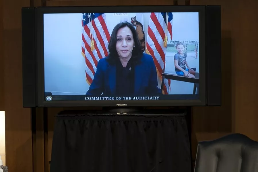 Democratic vice presidential candidate Senator Kamala Harris speaks virtually at the hearing (Stefani Reynolds/AP)