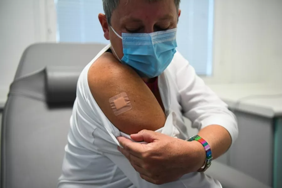 Kate Bingham, Chair of the UK’s Vaccine Taskforce, with a plaster on her arm after starting her Novavax trial
