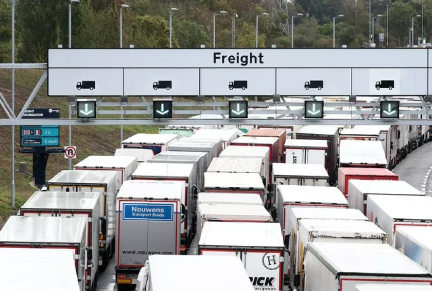 Trucks queuing for Eurotunnel in Folkestone, as the UK government is developing a 27-acre site near Ashford into a post-Brexit lorry park (Gareth Fuller/PA)