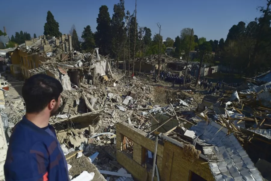 Destroyed houses in Nagorno-Karabakh, in Ganja, Azerbaijan (AP)