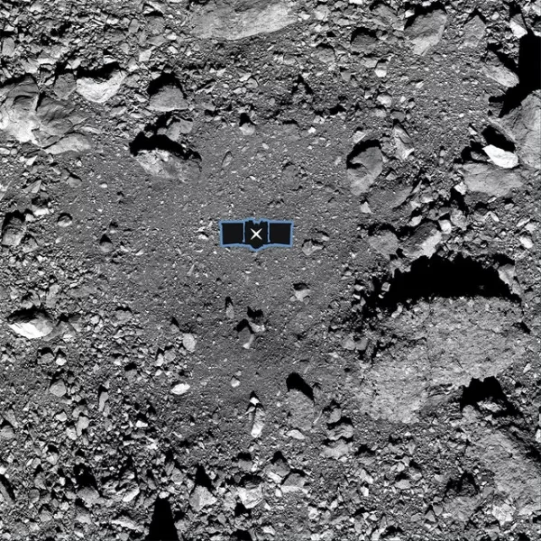 The primary sample collection site on Bennu, named Nightingale. An outline of the Osiris-Rex spacecraft is placed at the centre to illustrate the scale of the site (Nasa/Goddard/University of Arizona via AP)