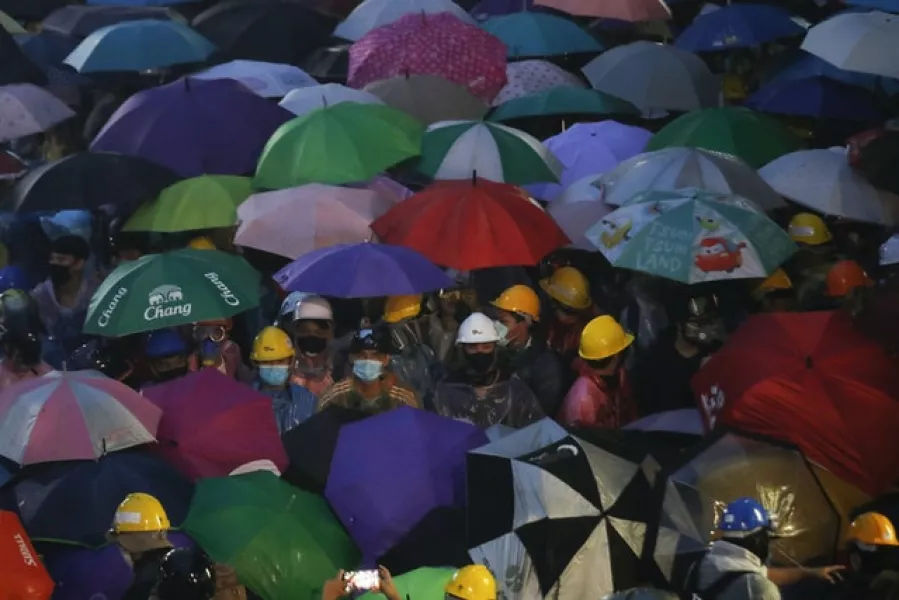 A demonstration at at Victory Monument during a protest in Bangkok (AP)