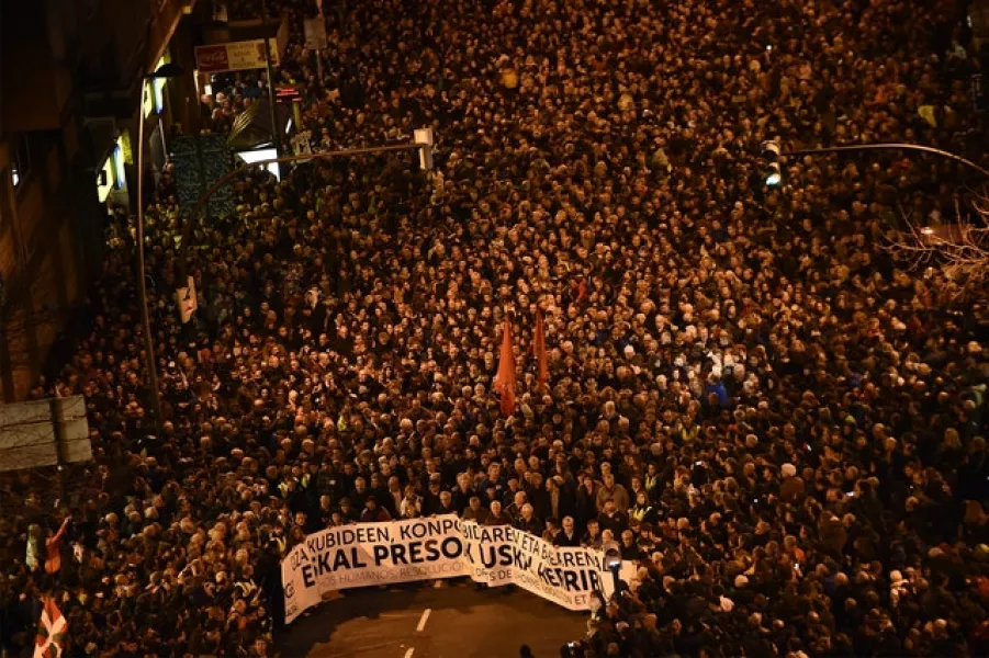 Demonstrators in 2016 hold a banner that reads in Basque language, ‘All rights for the Basque prisoners’ (AP)