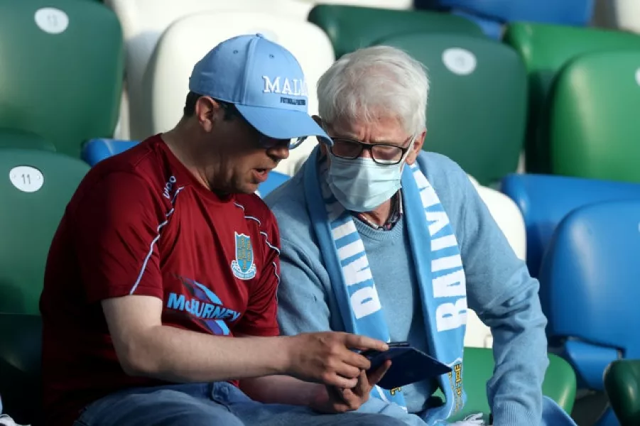 Ballymena United fans in the stands before the Sadler’s Peaky Blinders Irish Cup Final match at Windsor Park, Belfast. Photo: Liam McBurney/PA