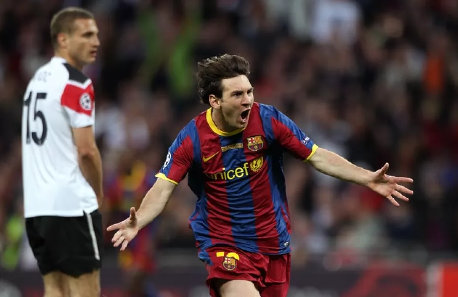 Barcelona’s Lionel Messi celebrates his goal against Manchester United. (Nick Potts/PA)