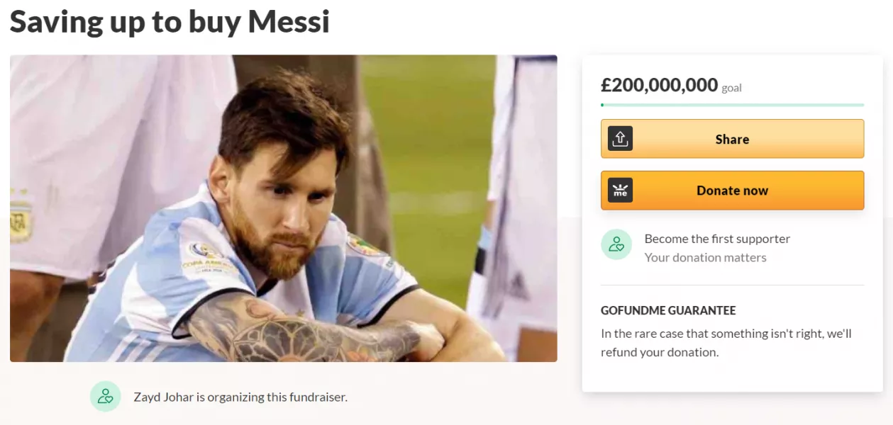 One page did not specify which club it aims to purchase Messi’s services for. Photo: GoFundMe/PA