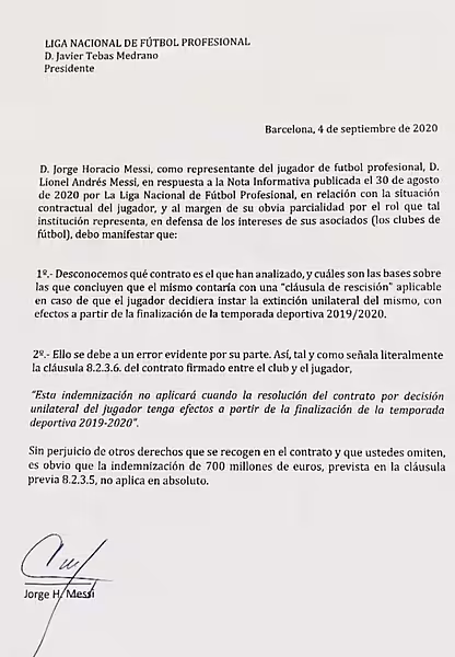 Letter sent by Jorge Messi to LaLiga