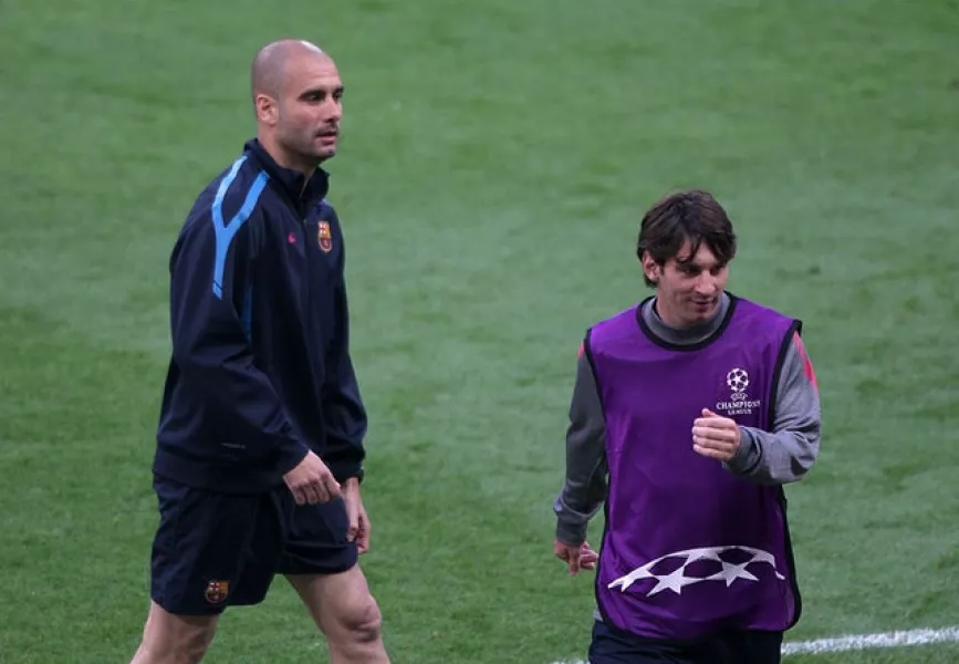 Pep Guardiola, left, worked with Messi as first-team coach at Barcelona between 2008 and 2012 (Nick Potts/PA)