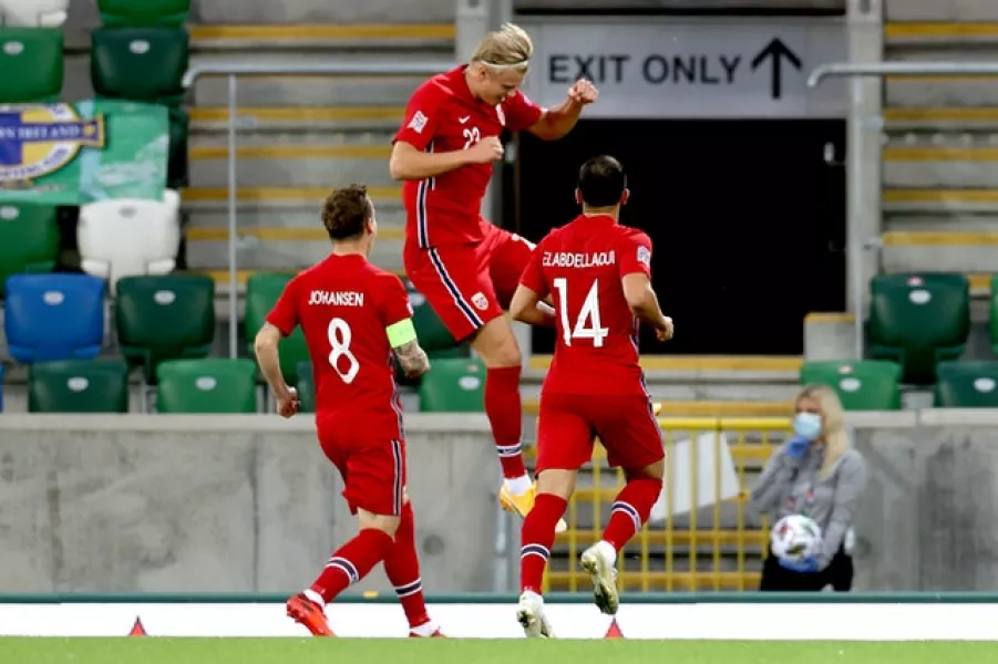 Norway’s Erling Haaland (centre) celebrates scoring his side’s second goal in a 5-1 Nations League win over Northern Ireland at Windsor Park.