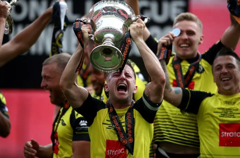 Harrogate celebrate their promotion to the EFL via the National League play-offs (Adam Davy/PA)