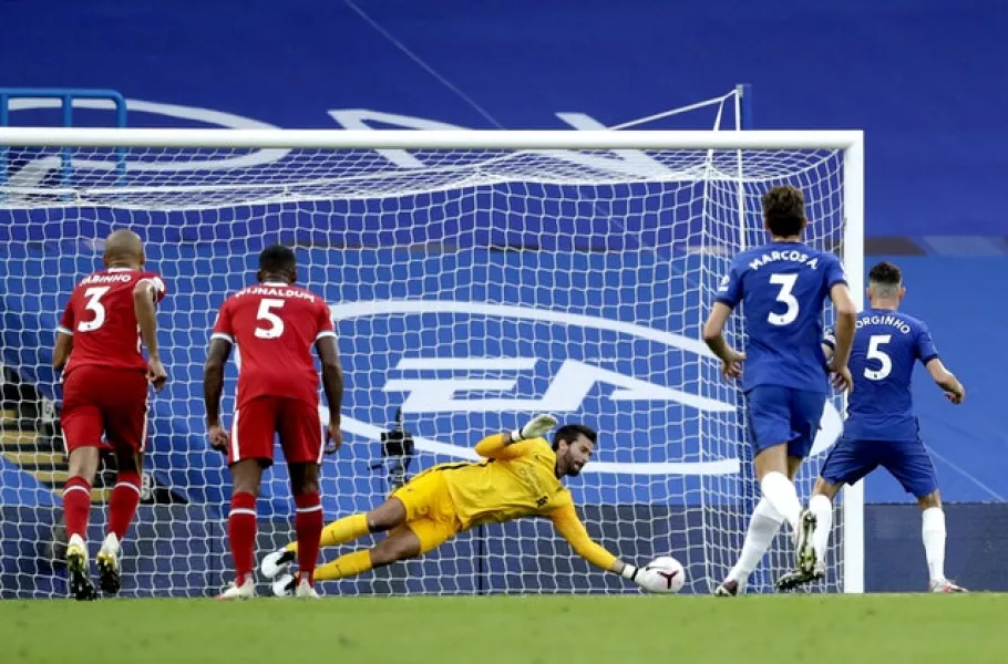 Alisson saved Jorginho’s penalty (Matt Dunham/PA)