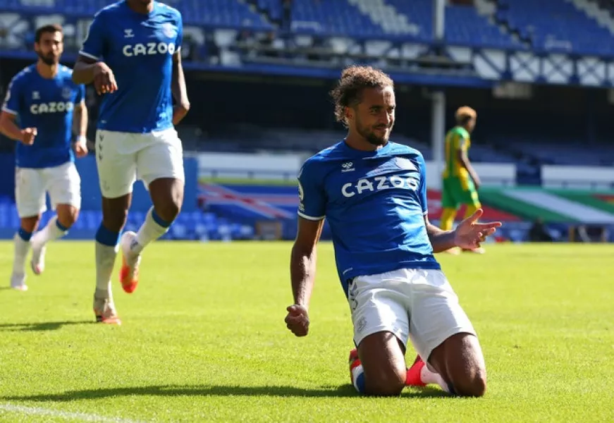 Dominic Calvert-Lewin celebrates after completing his hat-trick against West Brom (Alex Livesey/PA)