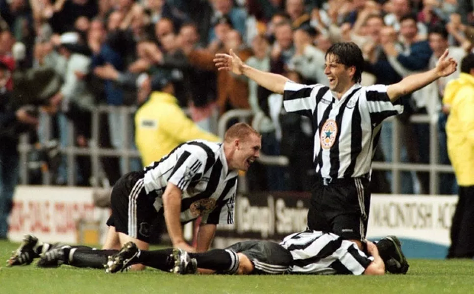 Philippe Albert (right) celebrates scoring Newcastle’s fifth goal in a famous 5-0 win over Manchester United on Tyneside (Owen Humphreys/PA)