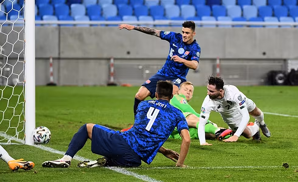 Republic of Ireland midfielder Alan Browne hits the post in Slovakia. Photo: Martin Baumann/PA