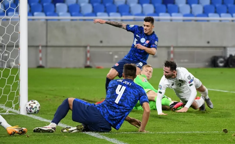 Republic of Ireland midfielder Alan Browne hits the post in Slovakia. Photo: Martin Baumann/PA