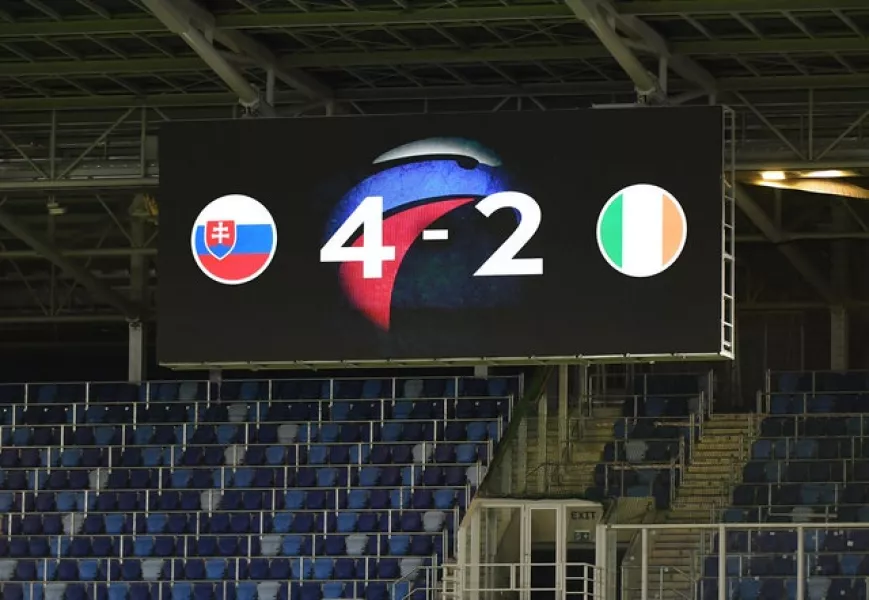 The big screen at he Narodny Stadium displays the final score after Slovakia get the better of the Republic of Ireland on penalties (Martin Baumann/PA)