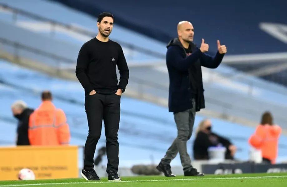 Arsenal manager Mikel Arteta. left, came away empty-handed against his former boss Pep Guardiola (Michael Regan/PA)