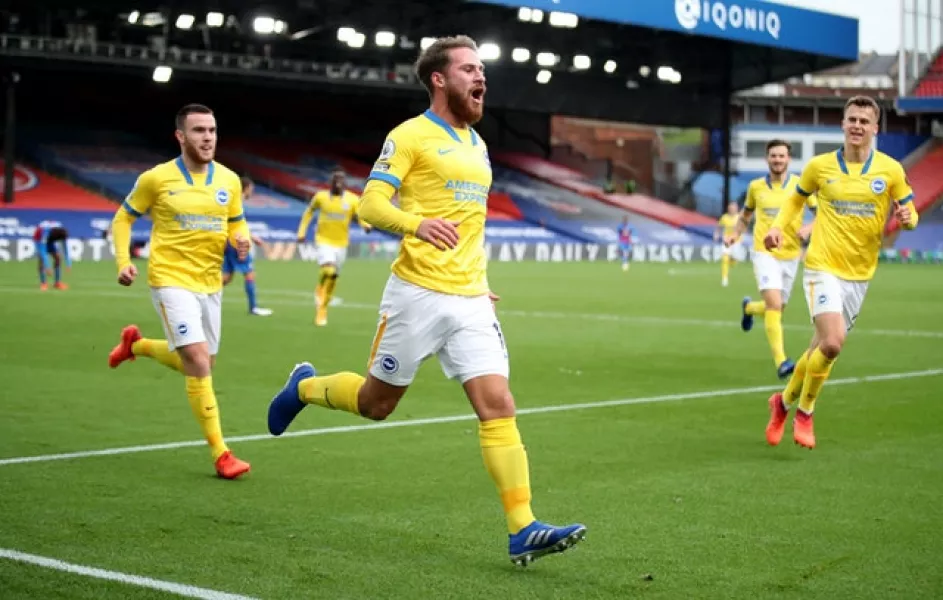 Brighton’s Alexis Mac Allister (centre) celebrates his late equaliser (Peter Cziborra/PA)