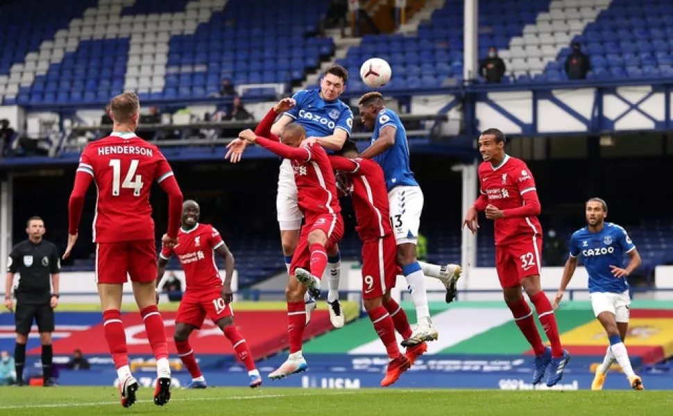 Michael Keane heads Everton level after Sadio Mane’s opener for Liverpool at Goodison Park (PA)