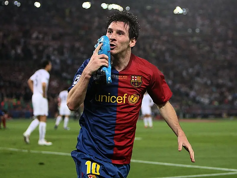 Messi celebrates after heading Barcelona’s second goal against Manchester United in the 2009 Champions League final in Rome (Nick Potts/PA)