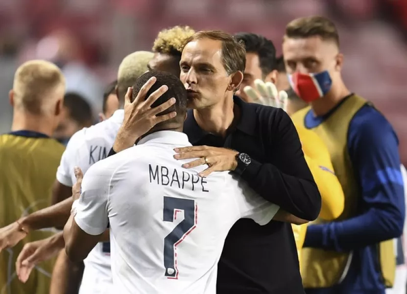 PSG’s head coach Thomas Tuchel and Kylian Mbappe are looking to bring Champions League glory to the French giants (David Ramos/Pool Photo via AP)