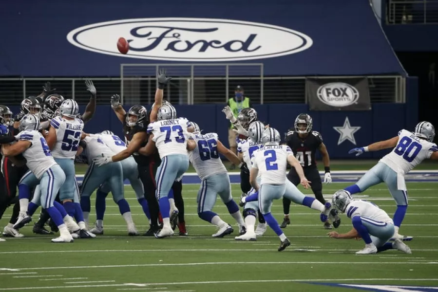 Dallas Cowboys kicker Greg Zuerlein, number two, kept his nerve against the Atlanta Falcons (Ron Jenkins/AP)