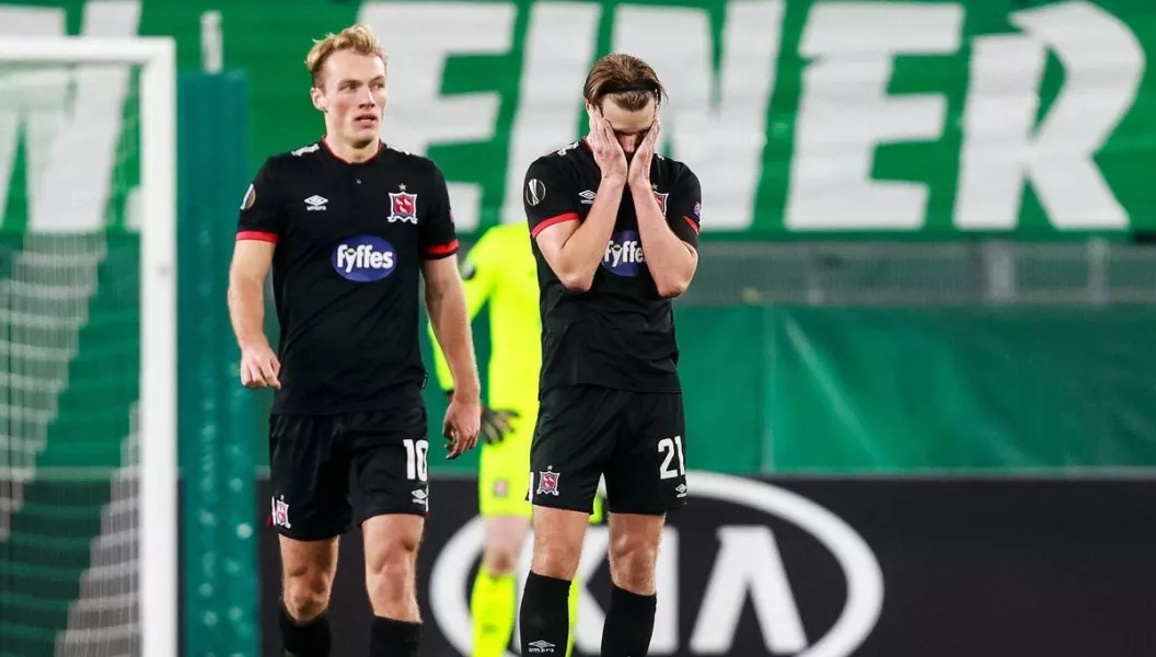 Daniel Cleary, right and Greg Sloggett of Dundalk react during the defeat. Picture: Vid Ponikvar/Sportsfile