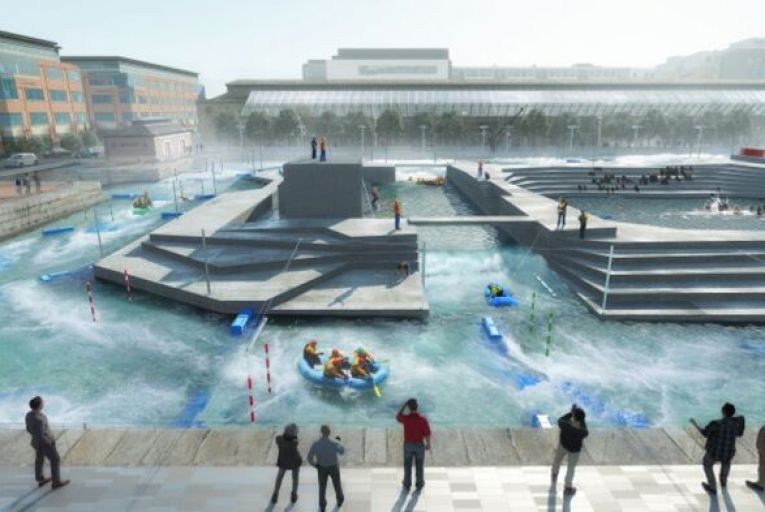 CGI of the proposed white-water rafting facility in George’s Dock. Picture: Dublin City Council