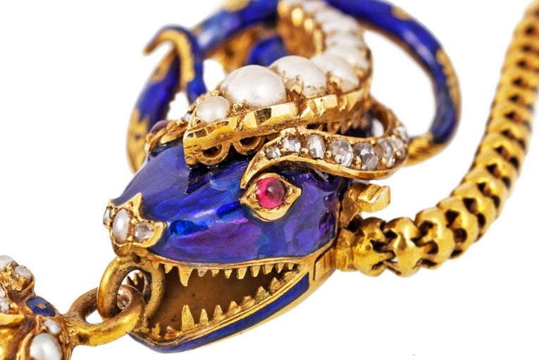 Leading the sale is a Victorian snake necklace and bracelet suite, a serendipitous combination of blue enamel, pearls, diamonds and rubies
