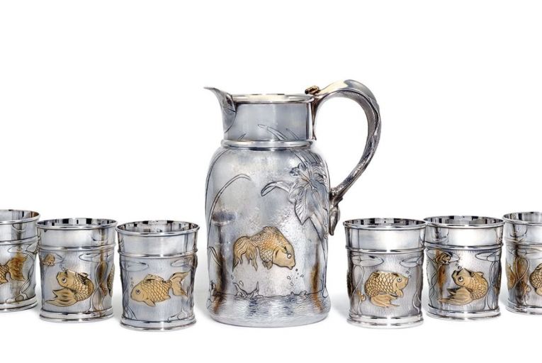 Drinks Like a Fish, a parcel-gilt silver pitcher and six beakers by Tim Lukes, the second of three generations of silversmiths and jewellers is etimated at £4,000-£6,000