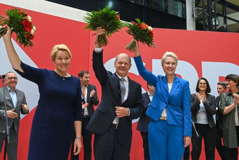 Franziska Giffey, co-leader of the German Social Democratic, Olaf Scholz, the SPD Party\&#039;s candidate for chancellor, and Manuela Schwesig, Mecklenburg-Western Pomerania\&#039;s state premier. Picture: Christof Stache/Getty
