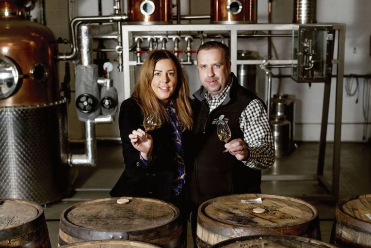 Fiona and David Boyd Armstrong with their double-distilled Shortcross single malt. The first whiskey to be created in a Northern Ireland distillery in a century, it won new whiskey of the year at the recent Irish Whiskey Awards 