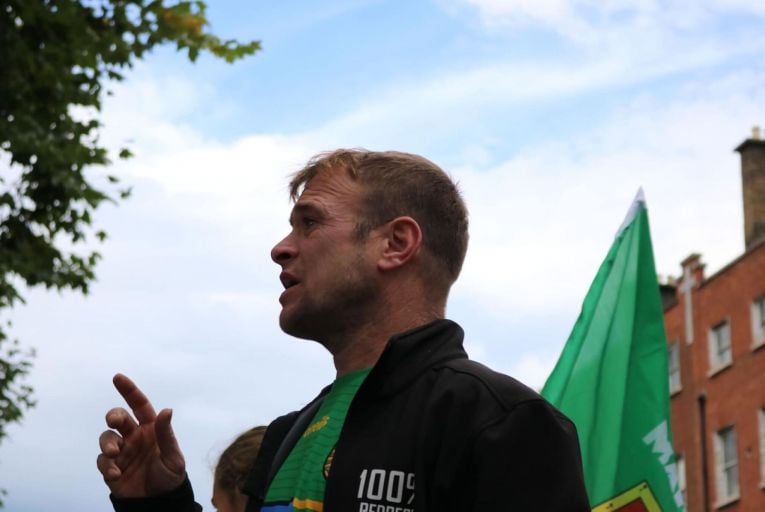 Paddy Diver addresses the crowd during a protest in Dublin last month. Homeowners and families in Co Donegal hit by the devastating effect of mica have vowed to show the country the ‘despair and waking nightmare’ of living in a crumbling home. Picture: Pete Kelly