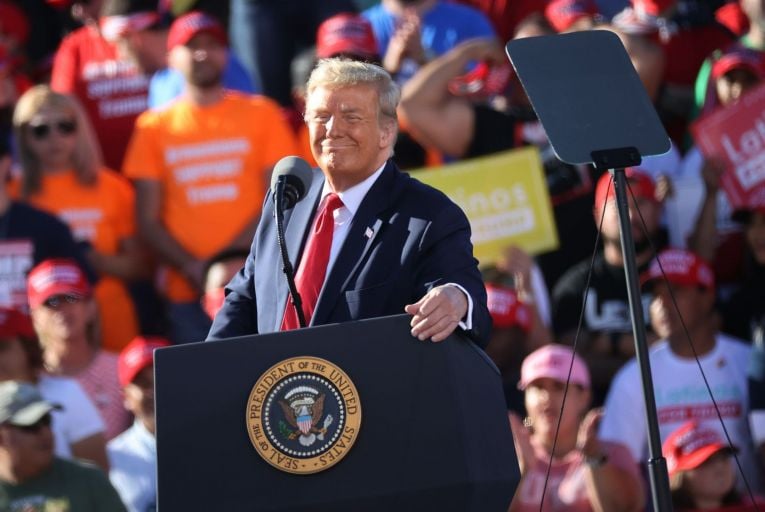 US President Donald Trump addressing supporters during a campaign rally in Phoenix, Arizona, yesterday: his party has no claim on sound economic management. Getty