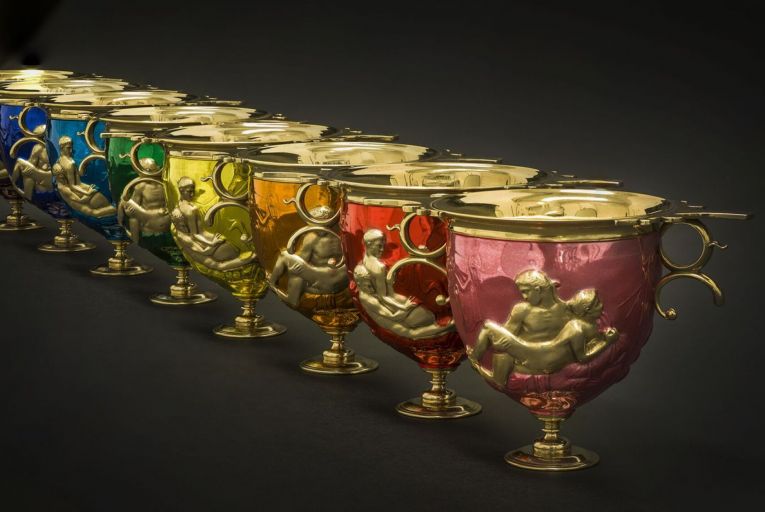The Pride Cups comprises eight silver gilt cups cast from the ancient Roman Warren Cup, depicting homosexual love scenes, by Hal Messel. Picture: Steve Russell Studio
