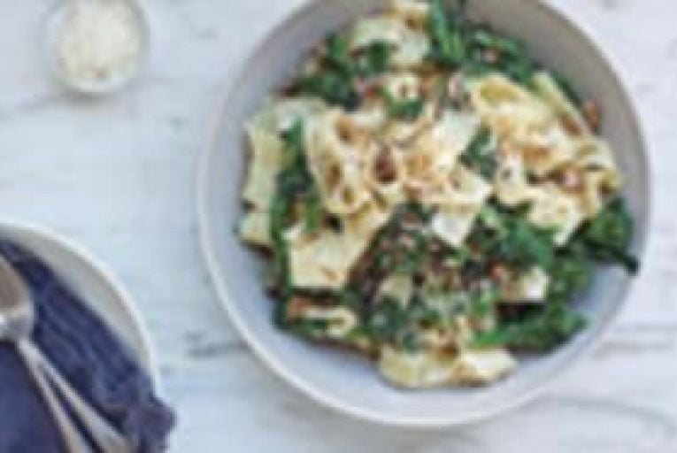 Purple sprouting broccoli pappardelle with gremolata crumbs.
